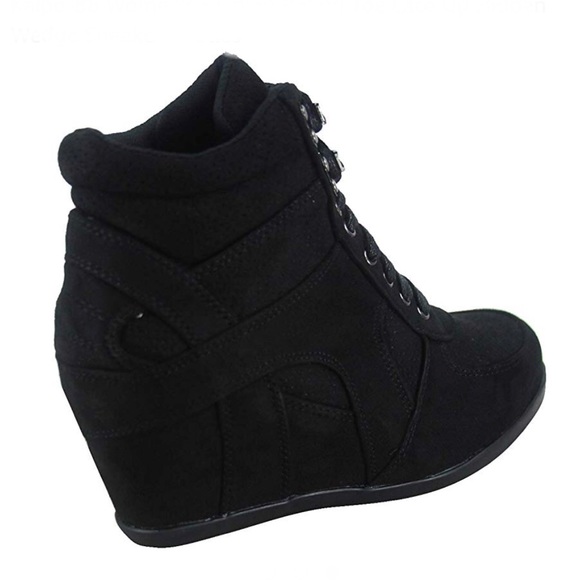 Black Casual Lace Up High Heel Wedge Sneakers - Picture 4 of 7